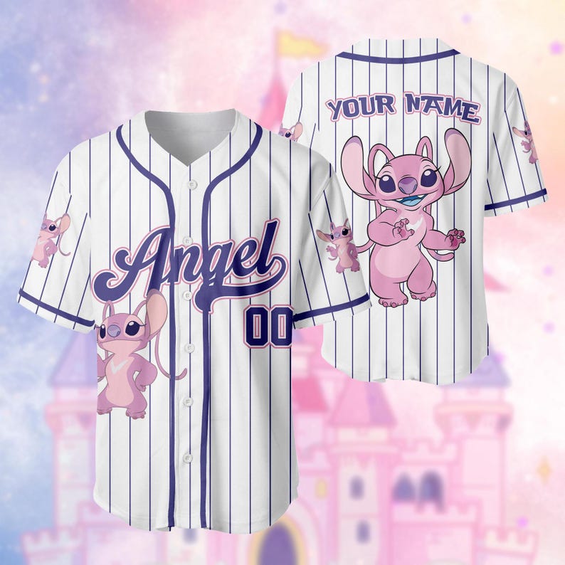 May include: White baseball jersey with vertical purple pinstripes. The front features the word "Angel" in purple script, the number "00", and a pink cartoon character. The back has the text "YOUR NAME" and the same character.