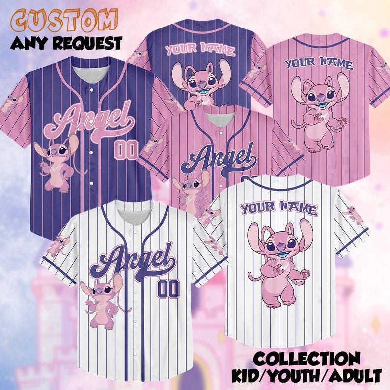 May include: Baseball jerseys in various colors, including white, pink, and purple, with pinstripes. Each jersey features the word "Angel" and the number "00", along with a cartoon character. The text "CUSTOM ANY REQUEST" and "COLLECTION KID/YOUTH/ADULT" are also visible.