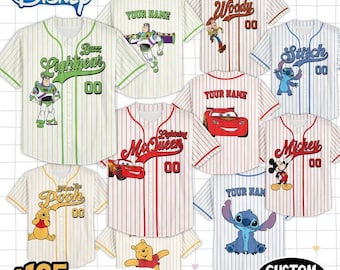 Personalize Disney Pixar Characters Striped White Jersey, Custom Disneyland Baseball Team, Mickey Mouse Birthday, Gift for Disney Fans
