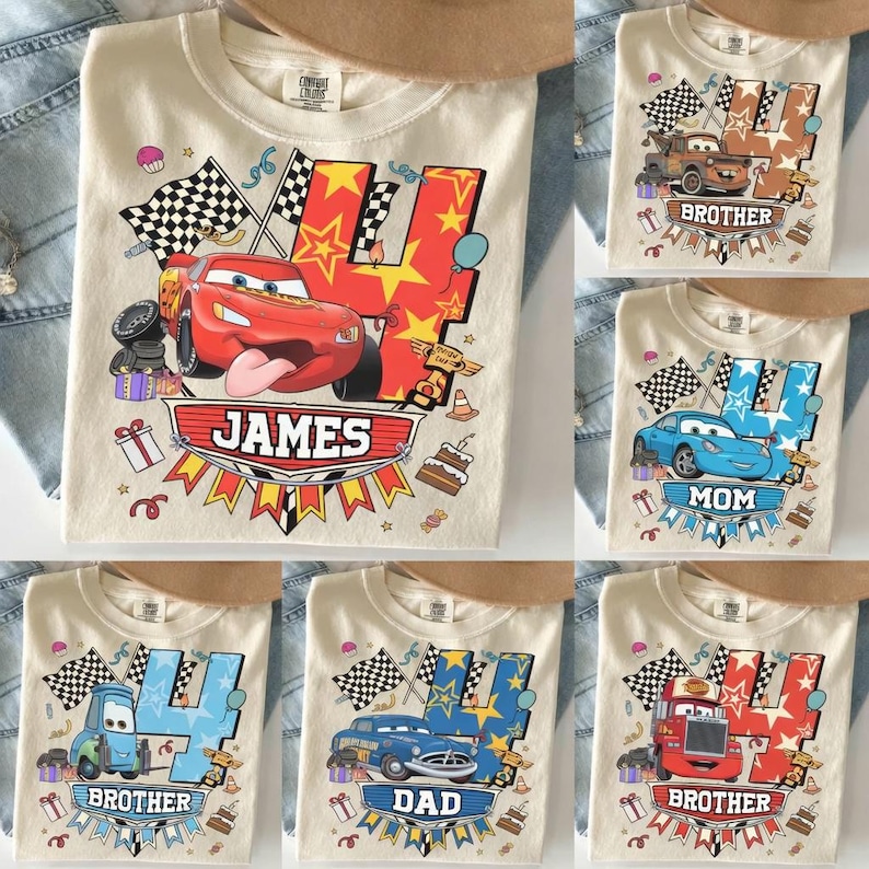 Personlig Bilar födelsedagsskjorta i komfortfärger, personlig Disney McQueen Tow Mater grafisk t-shirt, Disneyland familjematchande semesterresorstoppar bild 1