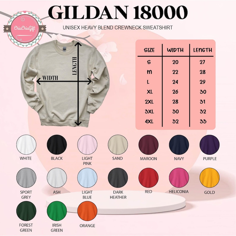 May include: A beige Gildan 18000 unisex heavy blend crewneck sweatshirt. The image shows the width and length measurements for sizes S to 4XL. Colour options include white, black, light pink, sand, maroon, navy, and purple.