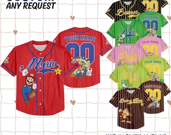 Custom Super Mario Baseball Jersey, Mario Family Matching Shirts, Super Mario Birthday, Luigi Yoshi Toad Bowser Princess Peach Donkey Kong