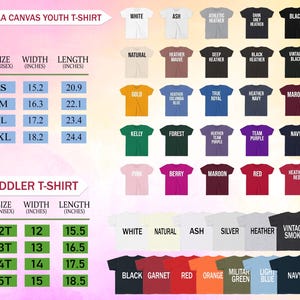 May include: Image of Bella Canvas youth and toddler t-shirts in multiple colours. A size chart with measurements in inches is included for both youth and toddler sizes. The shirts are arranged in a grid, with colour options labelled. Measurements are provided in inches.