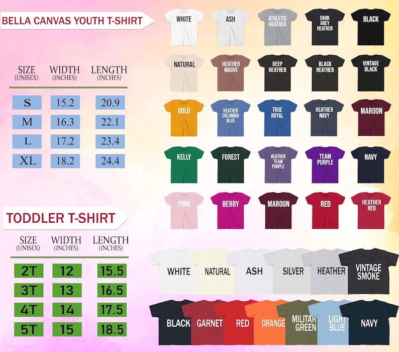 May include: Image of Bella Canvas youth and toddler t-shirts in multiple colours. A size chart with measurements in inches is included for both youth and toddler sizes. The shirts are arranged in a grid, with colour options labelled. Measurements are provided in inches.