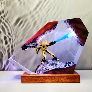 Custome Bumblebee night light, Diorama robot night light, Robot figure, transformers model, Wood night light, LED decor room, table lamp