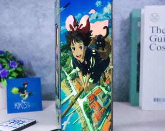 Kiki’s Delivery Service Wood Box Lamp, Ghibli Anime Night Light, Handmade Kiki & Jiji Diorama, Flying Witch Desk Decor, Gift For Kids.
