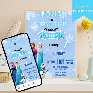 Invitación de cumpleaños de Frozen Four: La primera vez en la eternidad. Invitación de cumpleaños de Frozen 1.º. Invitación editable para fiesta infantil de cuarto año. Tema de Elsa y Anna.