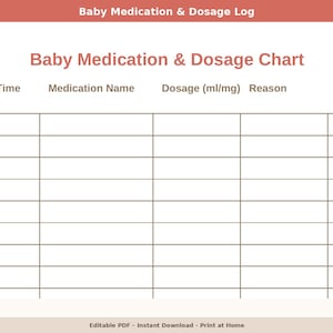 Könnte beinhalten: Eine druckbare Baby-Medikamenten- und Dosierungstabelle. Die Tabelle enthält Felder für Datum, Uhrzeit, Medikamentenname, Dosierung (ml/mg), Grund und wer das Medikament verabreicht hat. Der Titel lautet "Baby-Medikamenten- und Dosierungstabelle."