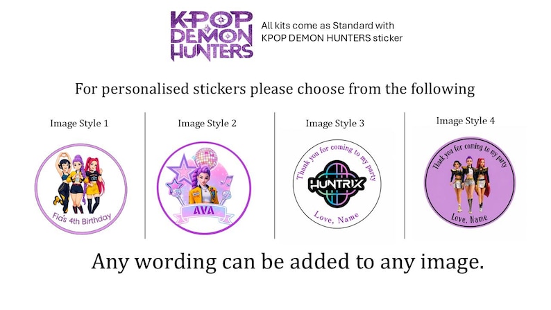 Może przedstawiać: Wyb&oacute;r spersonalizowanych naklejek o r&oacute;żnych wzorach. Naklejki przedstawiają ilustracje postaci z kresk&oacute;wek i tekst, w tym "KPOP DEMON HUNTERS" i "Dziękuję za przybycie na moje przyjęcie". Naklejki są okrągłe i występują w r&oacute;żnych stylach.