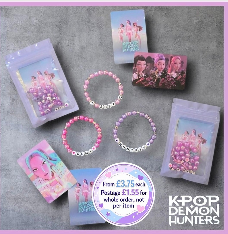 K-Pop Demon Hunters Inspired DIY Bracelet Kit, Girls Party Favour, Party Bag Filler, Personalised Kids Craft UK zdjęcie 1
