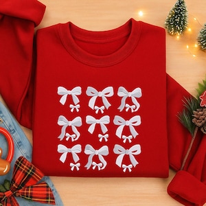 Embroidered Bow Sweatshirt, Coquette Bow Embroidered Christmas Sweatshirt, Christmas Bow Crewneck Sweatshirt, Xmas Bow Shirt, Gift For Her