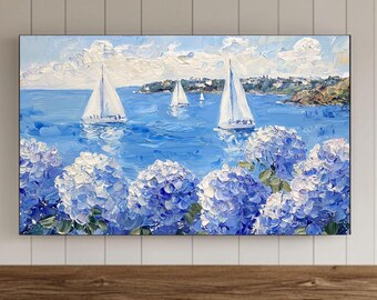 Hortensia print Samsung frame tv-kunst, zomer Samsung screensaver, kustkunst, bloemen zeilboot print, nautisch decor, zomer olieverfschilderij