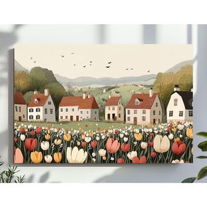 Printable Cute Spring Wall Art, Spring Village Wallpaper, Spring Farmhouse Decor, Tulip Spring Town Canva, Digital Download