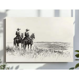 Cowboys on Horses Sketch Print Western Wall Art, Vintage Horse Sketch Print, Farmhouse Decor Country Digital File, PRINTABLE