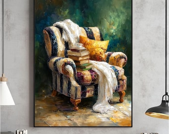 Gemütliche Leseecke Art Print, Bücher auf Sessel, Literatur Dekor (Digitaler Download)