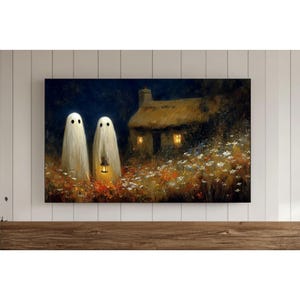 ヴィンテージのワイルドフラワー畑のハロウィンゴーストテレビウォールアート、かわいいハロウィンゴーストの絵画スクリーンセーバー、秋の装飾サムスンテレビ、ヴィンテージ風景