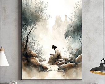 Garden of Gethsemane Wall Art, Jesus Praying Watercolor Printable, Christian Print, Faith-Based Home Decor Digital, Religious Artwork