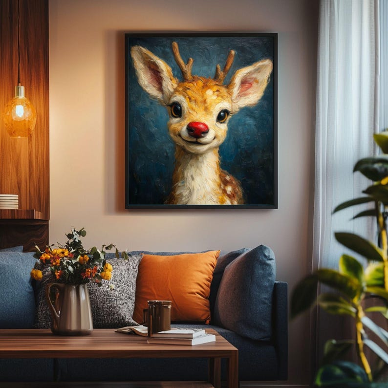 Rudolph Painting Reindeer Cute Wall Art, Whimsical Deer Christmas