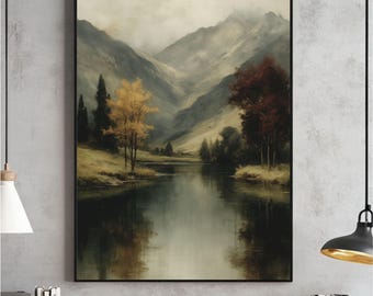Vintage Moody Fall Lake Landscape Wall Art, Moody Fall Print, Rustic Farmhouse Decor Poster, Cozy Kitchen Thanksgiving, Digital Download