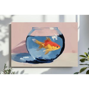 Gold Fish Wall Art, Cute Girly Printable, Preppy Horizontal Digital, Pink Aesthetic Painting, Trendy College Apartment, Aesthetic Dorm Room