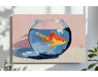 Gold Fish Wall Art, Cute Girly Printable, Preppy Horizontal Digital, Pink Aesthetic Painting, Trendy College Apartment, Aesthetic Dorm Room