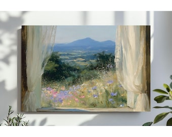 Art mural country été, décoration de chambre à coucher Cottagecore, peinture de paysage floral rustique, vintage imprimable, téléchargement numérique