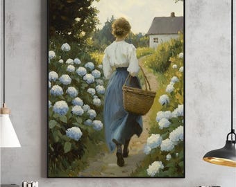 Arte mural de hortensias azules, estampado floral vintage, descarga digital romántica, pintura imprimible estilo cottagecore, decoración rústica suave