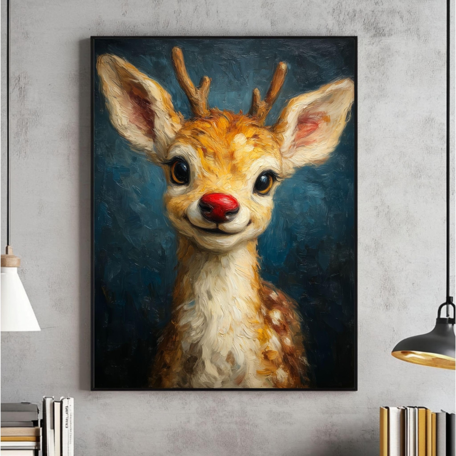 Rudolph Painting Reindeer Cute Wall Art, Whimsical Deer Christmas