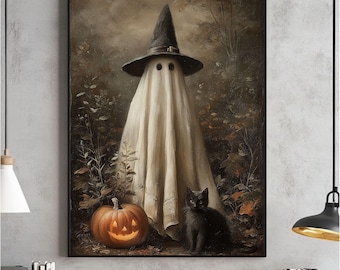 Arte mural con un fantasma y un gato negro en un bosque otoñal oscuro, póster vintage de Halloween, impresión digital de Halloween espeluznante, descarga digital de brujas melancólicas.