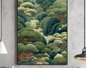 Japanese Forest Wall Art, Maximalist Poster, Sage Green Wabi Sabi Painting, Japandi Print, Chinoiserie Digital, Printable