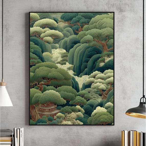 Japanese Forest Wall Art, Maximalist Poster, Sage Green Wabi Sabi