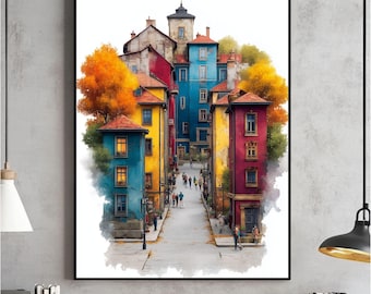 Cozy Fall Wall Art, Cute Autumn, Warm Tone Cottagecore Decor Print, Cozy Village Cityscape Painting, Neutral Thanksgiving Digital Download
