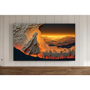 May include: A framed art print showing a figure in flowing robes walking towards a flock of sheep. The artwork uses a warm colour palette with orange, yellow, and brown, creating a dramatic landscape scene.