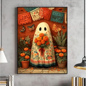 Mexican Folk Art Ghost Digital Wall Art, Halloween with Papel Picado Poster, Marigolds & Monarch Butterflies Print, Cute Ghost Digital