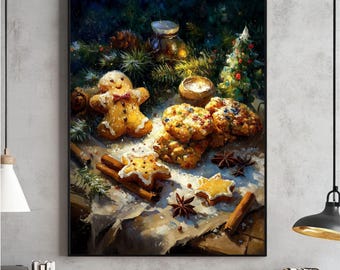 May include: A festive still life painting featuring a gingerbread man, star-shaped biscuits, and other baked goods. Cinnamon sticks, star anise, and a small Christmas tree are also present. The scene is set on a table with a snowy effect, evoking a cozy holiday atmosphere.