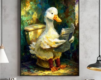 Stampa murale per cameretta dei bambini con anatra in bagno, stampa divertente per il bagno dei bambini, poster con anatra stravagante che legge sul water, decorazione per il bagno in stile fattoria, download digitale