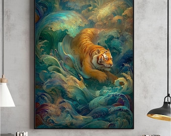 Japanese Tiger Swimming Wall Art, Vintage Ukiyo-e Style Print, Minimalist Animal Poster, Asian Inspired Tiger Decor, Digital Download
