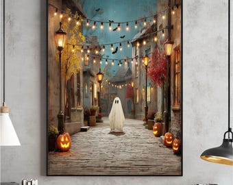 Vintage Halloween Wall Art, Warm-Toned Fall Prints, Ghost & Pumpkins Poster, Spooky Street Digital, Autumn Home Decor Download