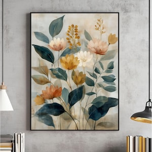 Vintage Botanical Painting Wall Art, Earth Tone Floral Print, Printable Boho Cottagecore Decor, Digital Watercolor, Maximalist Eclectic