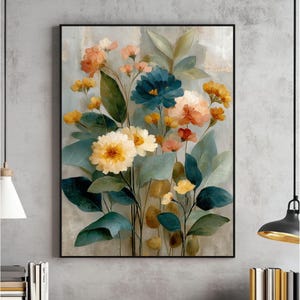 Vintage Botanical Painting Wall Art, Earth Tone Floral Print, Printable Boho Cottagecore Decor, Digital Watercolor, Maximalist Eclectic