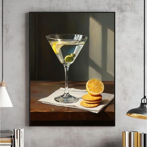 Martini And Cheese Crackers Wall Art, Cute Quirky Whimsical Prints, Cocktail Art Bar Cart Decor, Elegant Oil Painting, Trendy Kitchen Poster