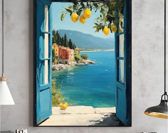 Mediterranean Window View Wall Art, Coastal Lemon Tree Wall Decor, Italian Seaside Landscape Print, Digital Download Poster, Printable