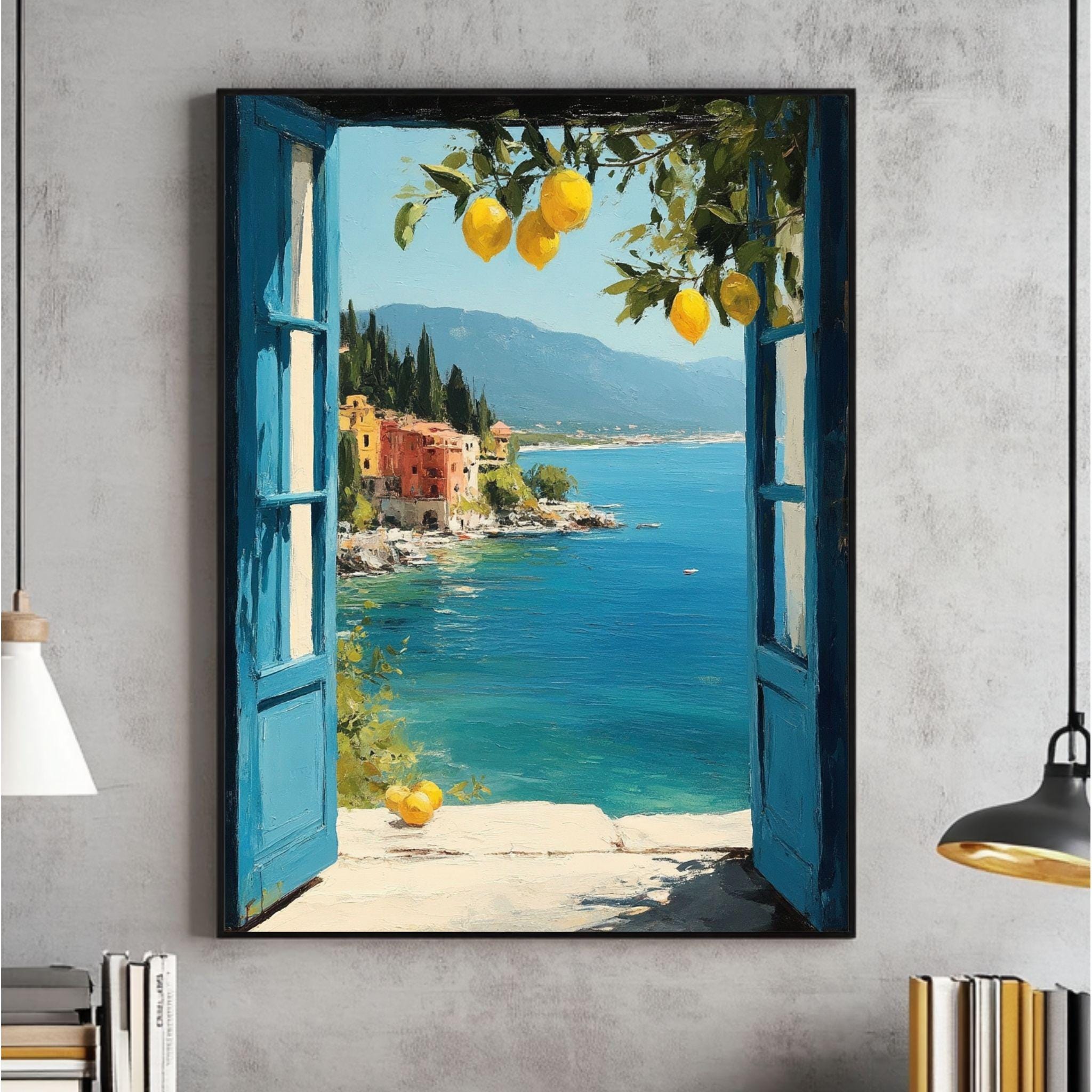 Mediterranean Window View Wall Art, Coastal Lemon Tree Wall Decor