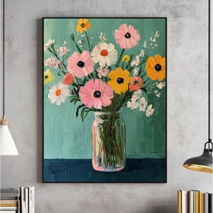 Vintage Floral Printable Wall Art, Whimsical Flower Print, Green Floral Home Decor, Vintage Spring Flower Painting, Digital Download