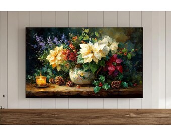Marco botánico navideño clásico para TV, protector de pantalla vintage para Samsung, pintura tradicional con vegetación invernal, descarga digital 4K