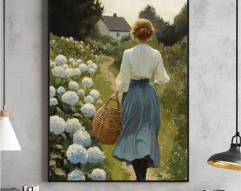 Arte mural de hortensias azules, estampado floral vintage, descarga digital romántica, pintura imprimible estilo cottagecore, decoración rústica suave