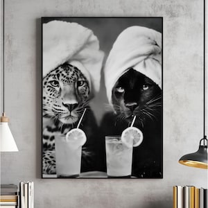 Leopard and Cheetah Cocktail Drinking Wall Art, Black and White Poster, Designer Fashion Printable, Aesthetic Animal Digital Download