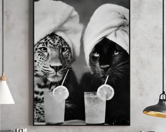 Art mural cocktail léopard et guépard, affiche en noir et blanc, impression de mode de créateur, téléchargement numérique animal esthétique