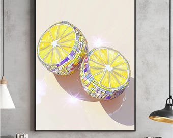 Poster da parete Disco Lemons, stampa glamour con limoni a forma di palla da discoteca, poster massimalista preppy e trendy, decorazione da cucina, download digitale, stampabile