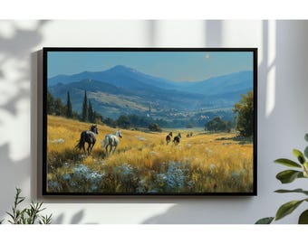 Vintage Horse Oil Painting Wall Art, Wild Horses Poster, Horses in Field Print, Horse, Animal Printable Decor, Horse Digital Download